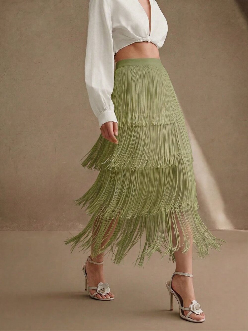 Green Elegant Women's Layered Tassel Graceful Slimming Formal Chic Midi Skirt